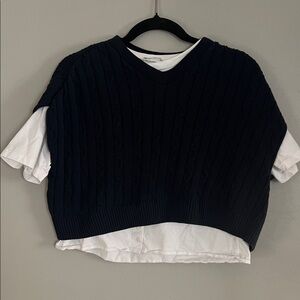 Zara Navy and White Layered Short Sleeve Top‎